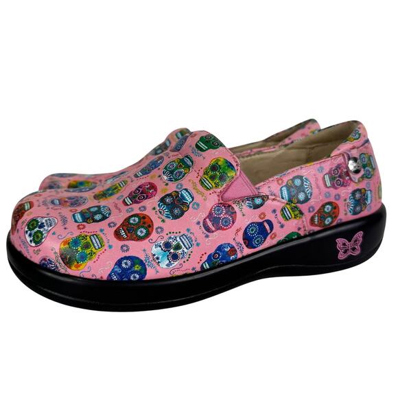 Alegria Keli Sugar Skulls Pink Nursing Clogs Día de los Muertos Shoes Size 38 - Picture 2 of 15